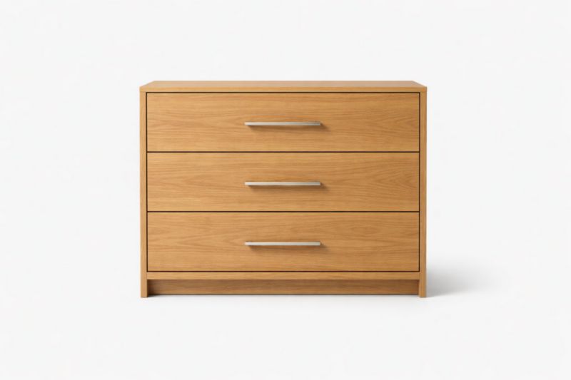 Commode en bois à 3 tiroirs avec poignées métalliques, couleur chêne-maplegorn