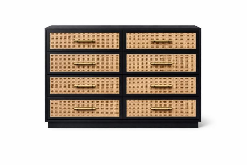 Commode 8 tiroirs bois de manguier et rotin noir/naturel-maplegorn