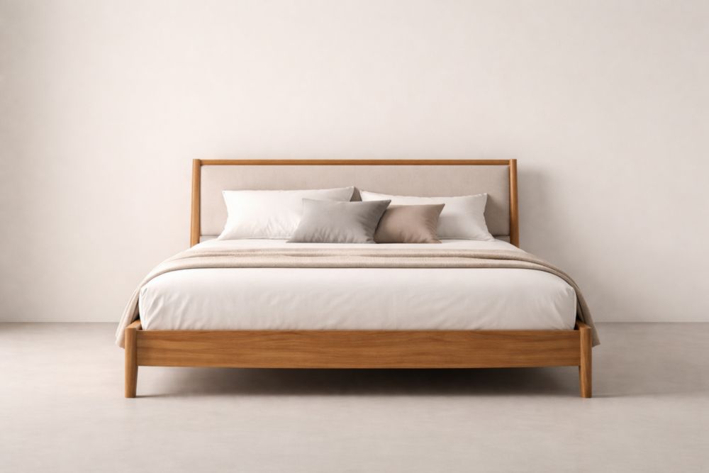 Lit double en bois de chêne avec tête rembourrée Beige-maplegorn