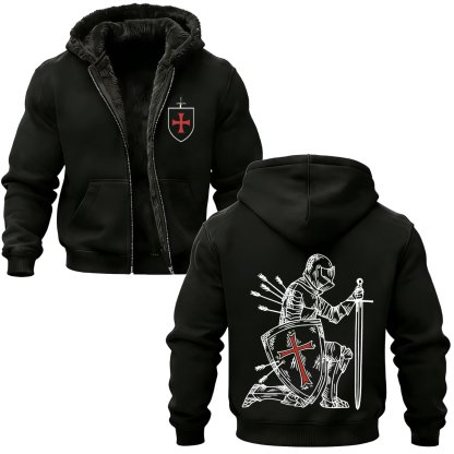 Knights Templar Crusader Banner Printed Zippered Hooded Fleece Cardigan-Limited Sale