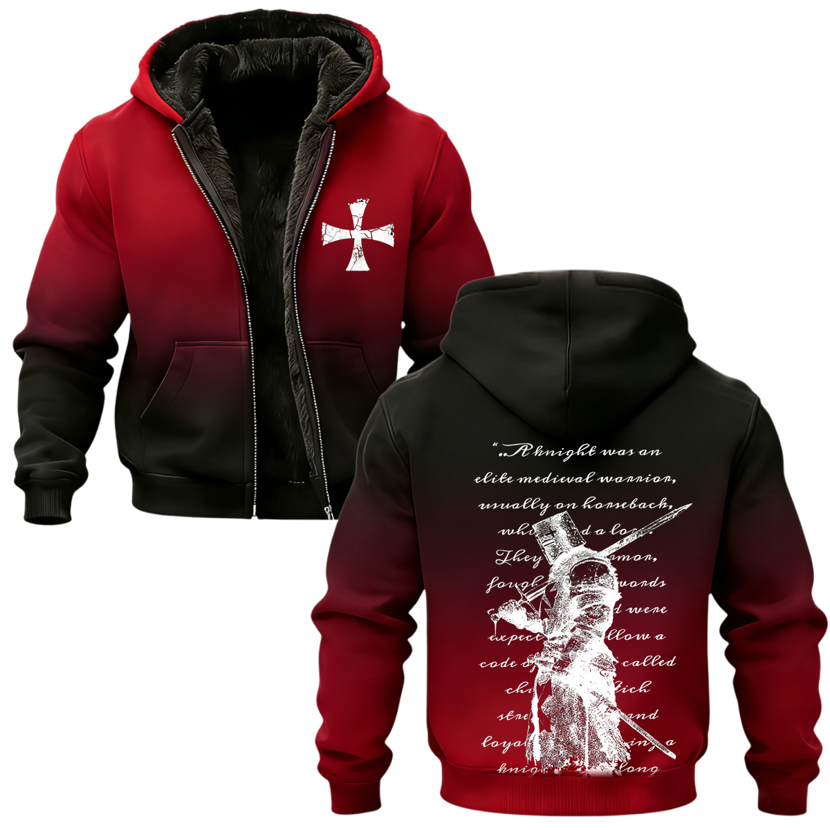 Knights Templars and Crusader Banner Print Zip-Up Hooded Fleece Cardigan-Limited Sale