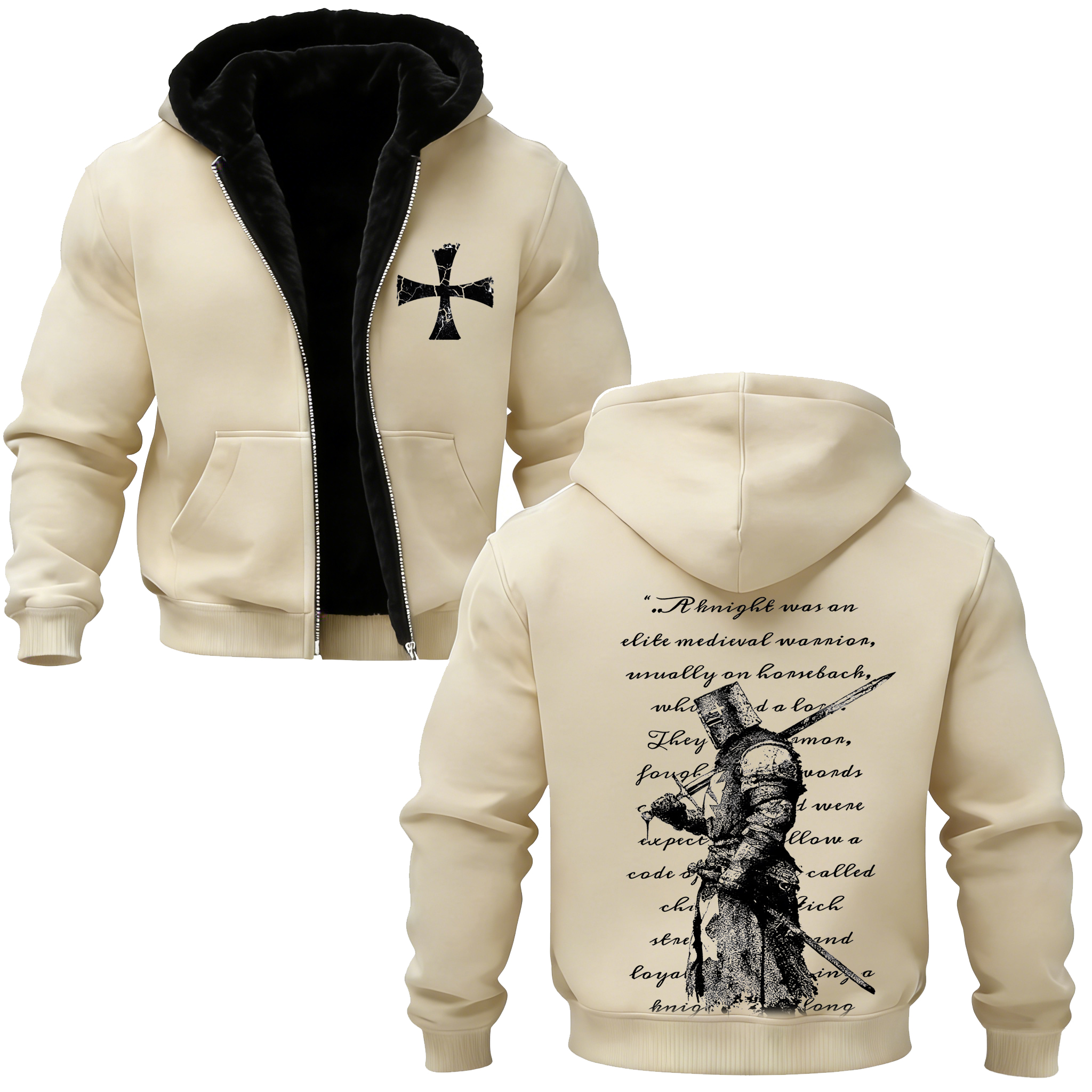 Knights Templars and Crusader Banner Print Zip-Up Hooded Fleece Cardigan-Limited Sale