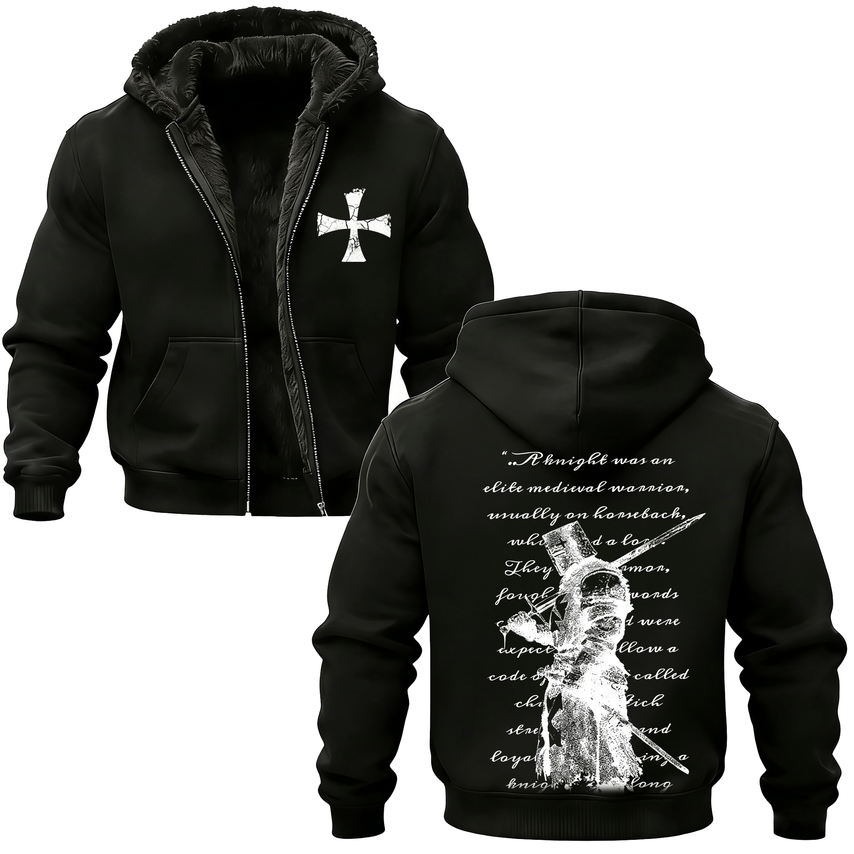 Knights Templars and Crusader Banner Print Zip-Up Hooded Fleece Cardigan-Limited Sale