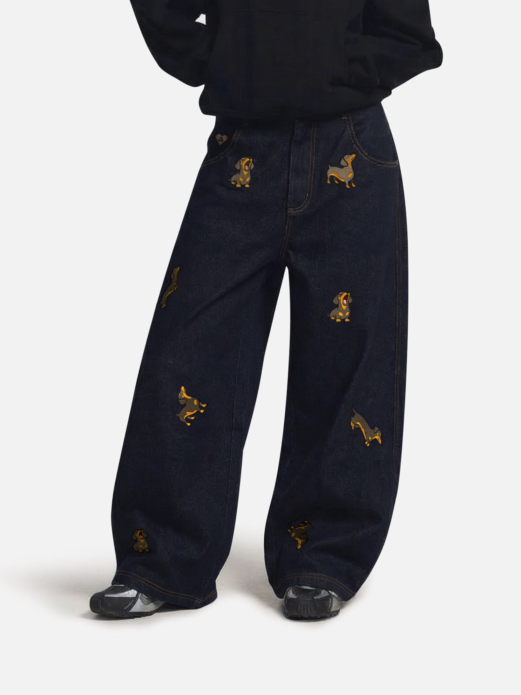 Aelfric Eden Dachshund Embroidered Baggy Jeans-Limited Sale