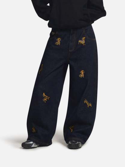 Aelfric Eden Dachshund Embroidered Baggy Jeans-Limited Sale