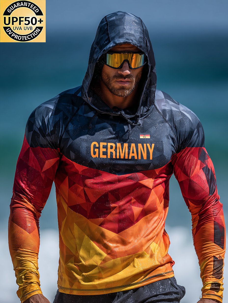 Germany Flag Geometric Hooded Sun Shield Shirt Faceted Red Yellow Black-Limited Sale