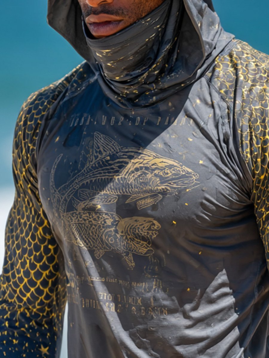 Men's Outdoor Sun Protection Breathable Cool Face Mask Hooded Printed Long-Sleeved Top-Limited Sale