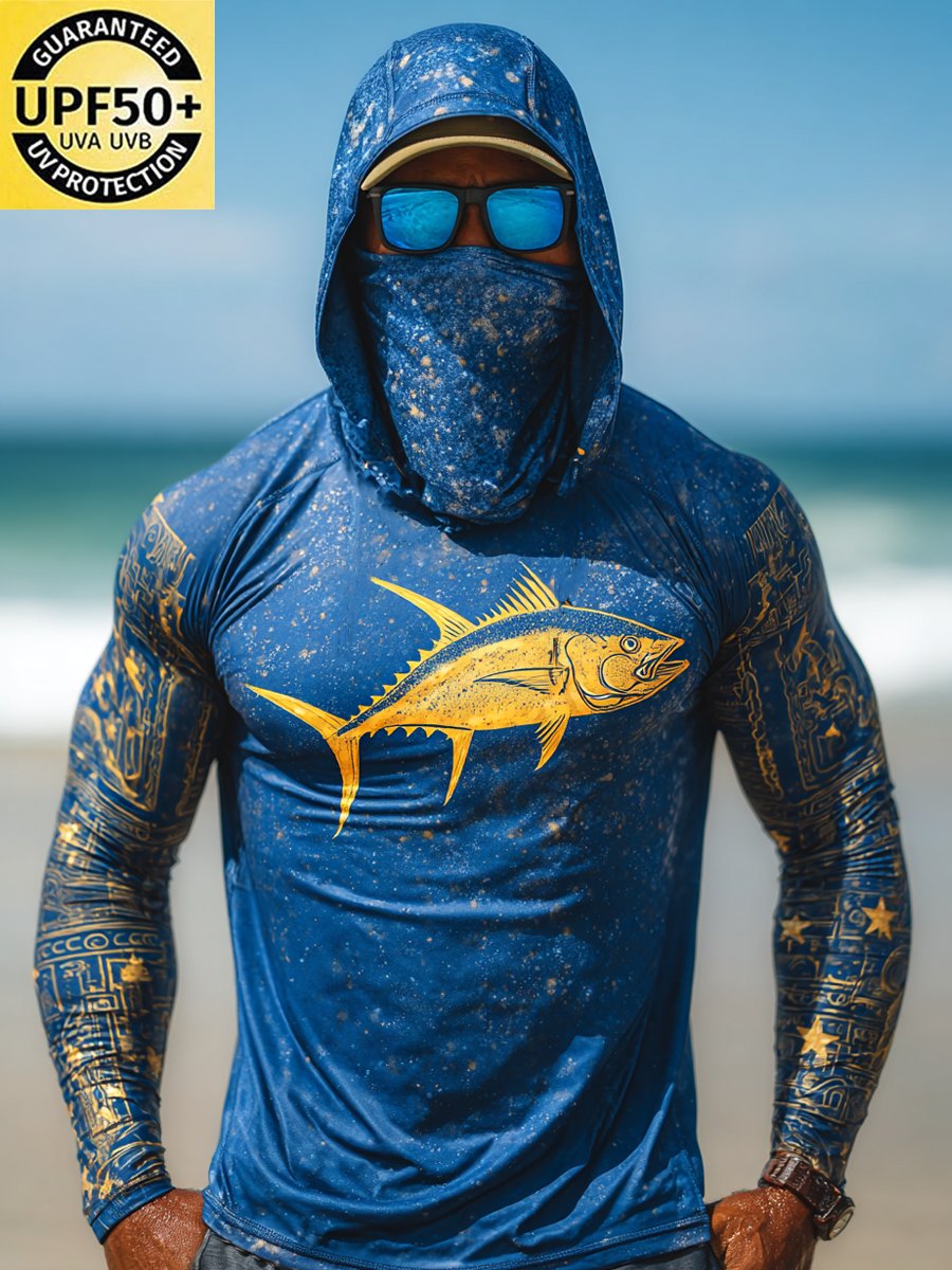 Men's Outdoor Sun Protection Breathable Cool Face Mask Hooded Printed Long-Sleeved Top-Limited Sale