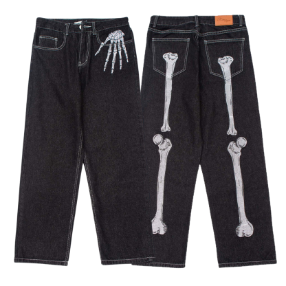 Streetwear dark-style bone print jean-Limited Sale