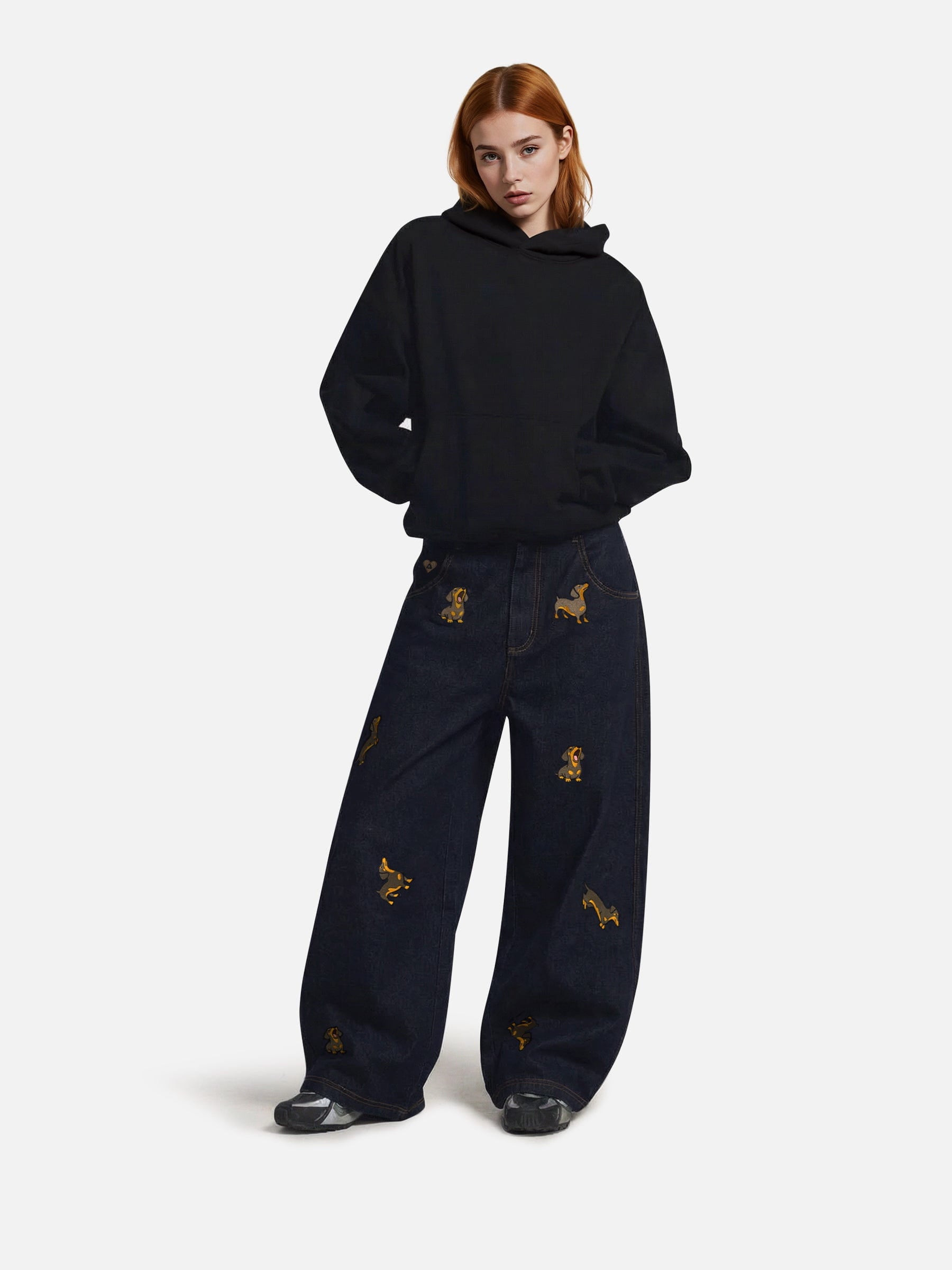 Aelfric Eden Dachshund Embroidered Baggy Jeans-Limited Sale
