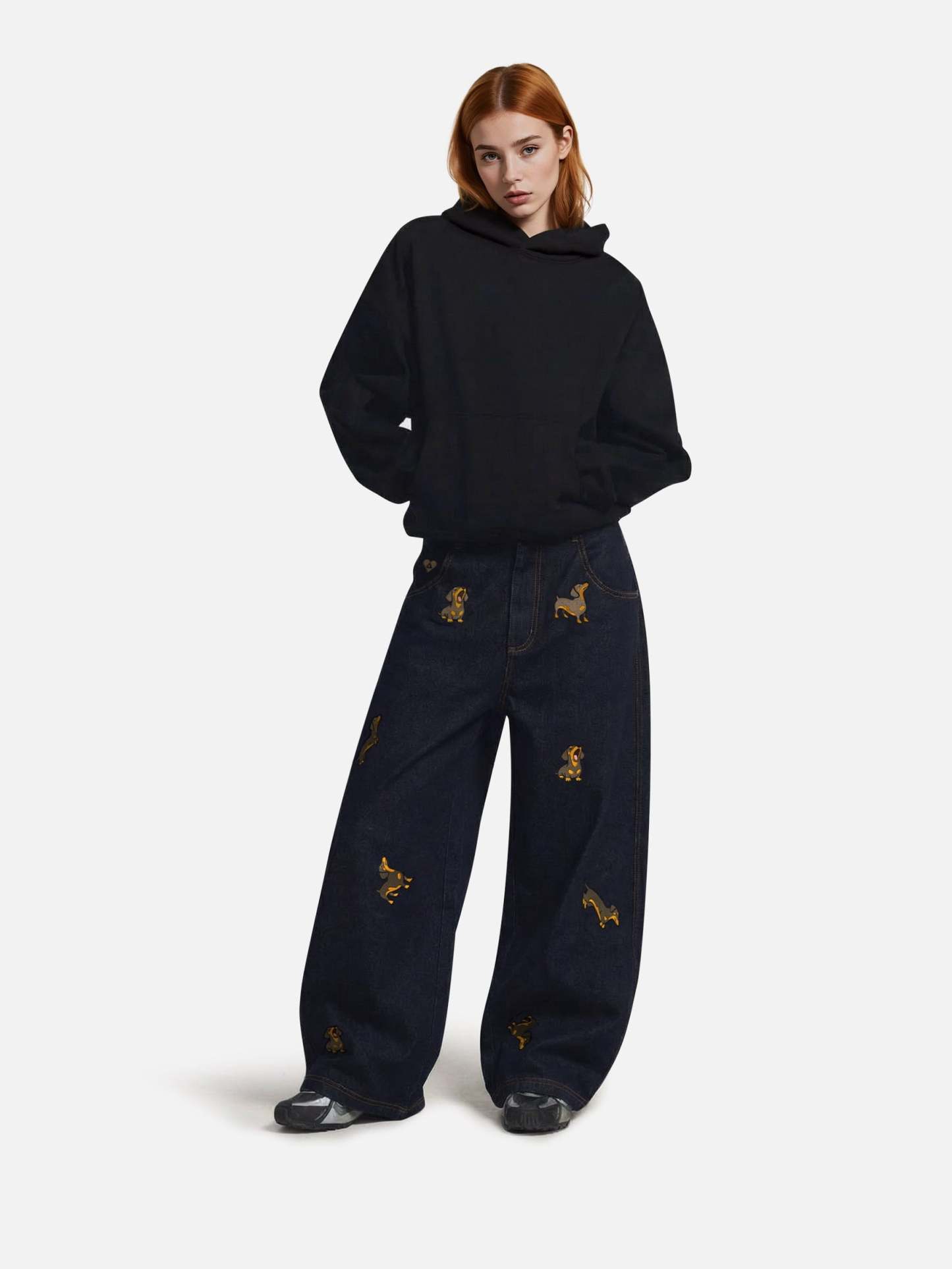 Aelfric Eden Dachshund Embroidered Baggy Jeans-Limited Sale