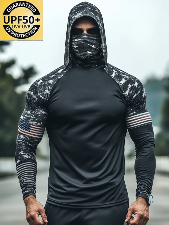 Men's Outdoor Sun Protection Breathable Cool Mask American Flag Print Hooded Sun Protection Long Sleeve Top-Limited Sale