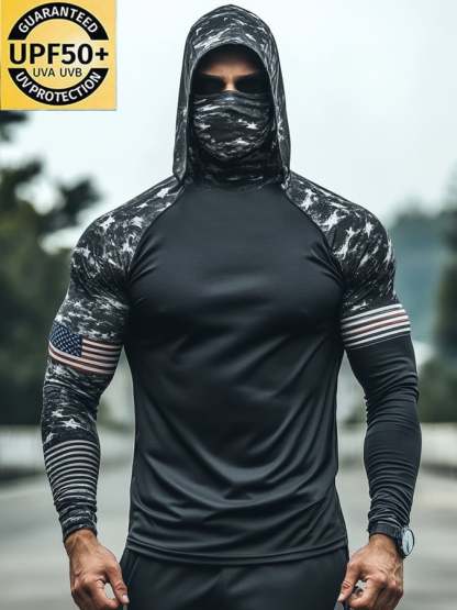 Men's Outdoor Sun Protection Breathable Cool Mask American Flag Print Hooded Sun Protection Long Sleeve Top-Limited Sale