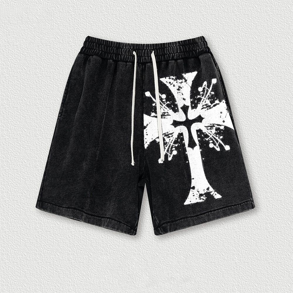 Mysterious Cross Washed Vintage Shorts 2601014901-Limited Sale