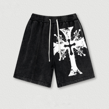 Mysterious Cross Washed Vintage Shorts 2601014901-Limited Sale