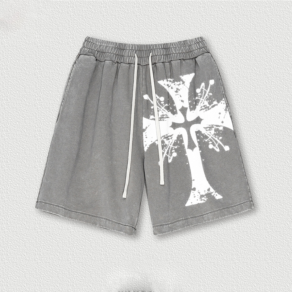 Mysterious Cross Washed Vintage Shorts 2601014901-Limited Sale