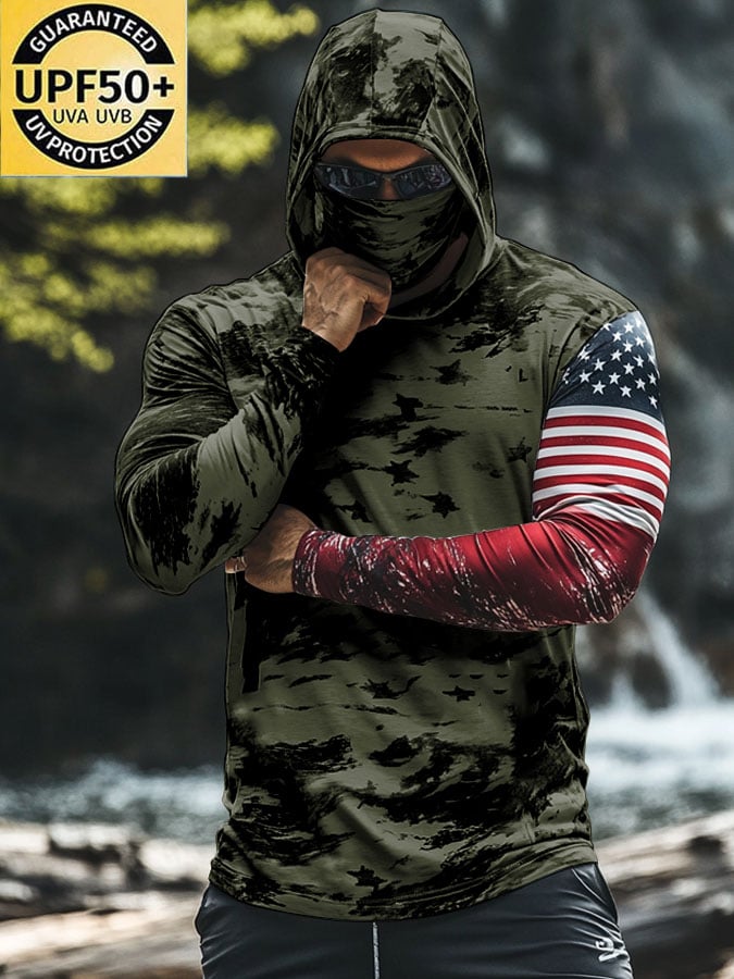 Men's Outdoor Sun Protection Breathable Cool Mask American Flag Print Hooded Sun Protection Long Sleeve Top-Limited Sale