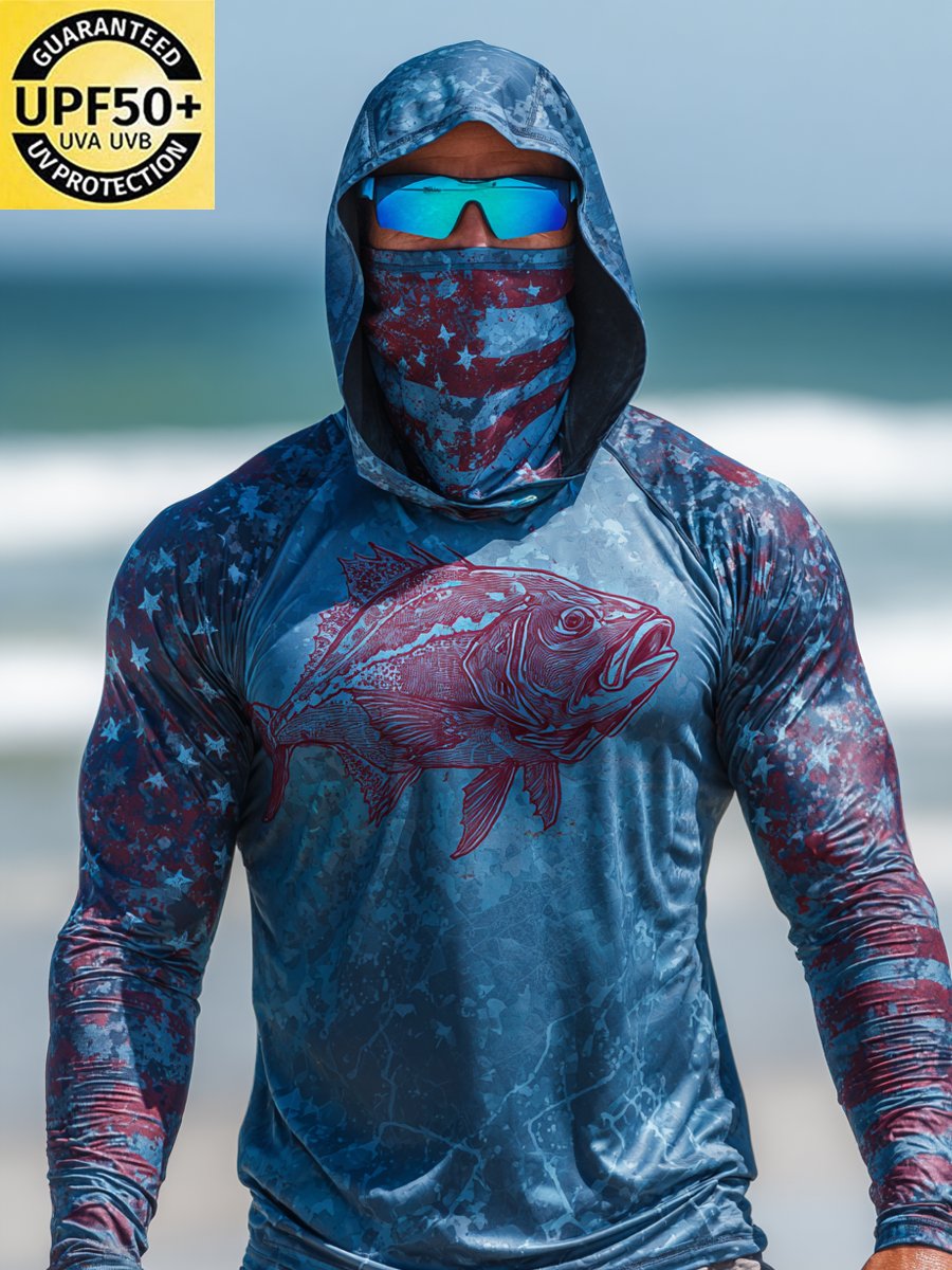 Men's Outdoor Sun Protection Breathable Cool Face Mask Hooded Printed Long-Sleeved Top-Limited Sale