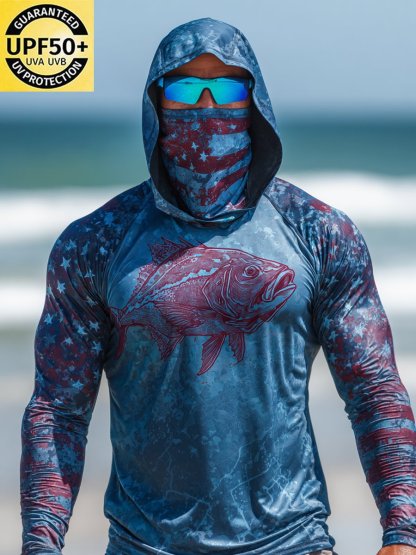 Men's Outdoor Sun Protection Breathable Cool Face Mask Hooded Printed Long-Sleeved Top-Limited Sale