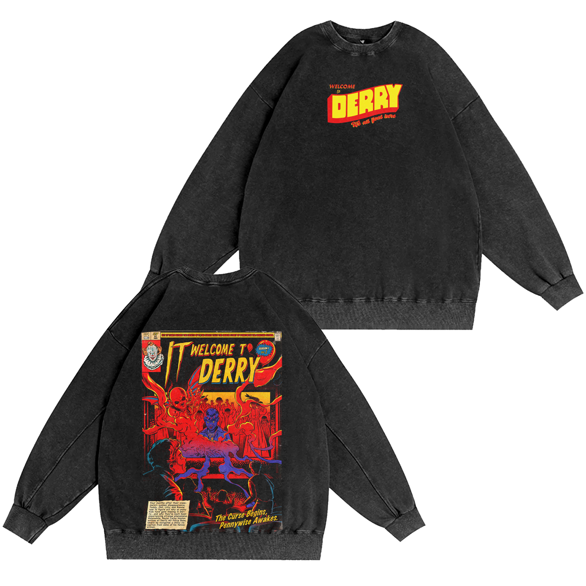 It Welcome To Derry The Curse Begins Pennywise Awakes Unisex Washed T-shirt/Crewneck/Hoodie-Limited Sale