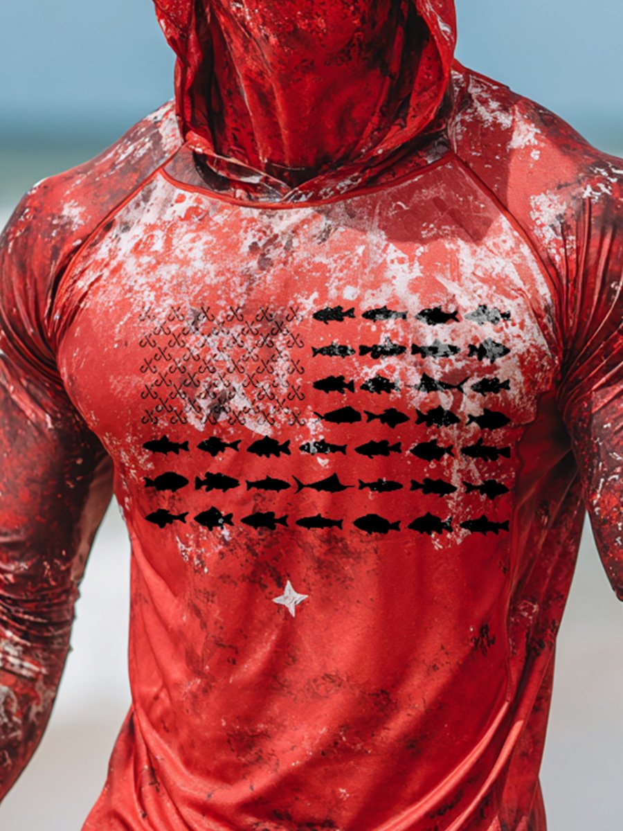 Men's Outdoor Sun Protection Breathable Cool Face Mask Hooded Printed Long-Sleeved Top-Limited Sale