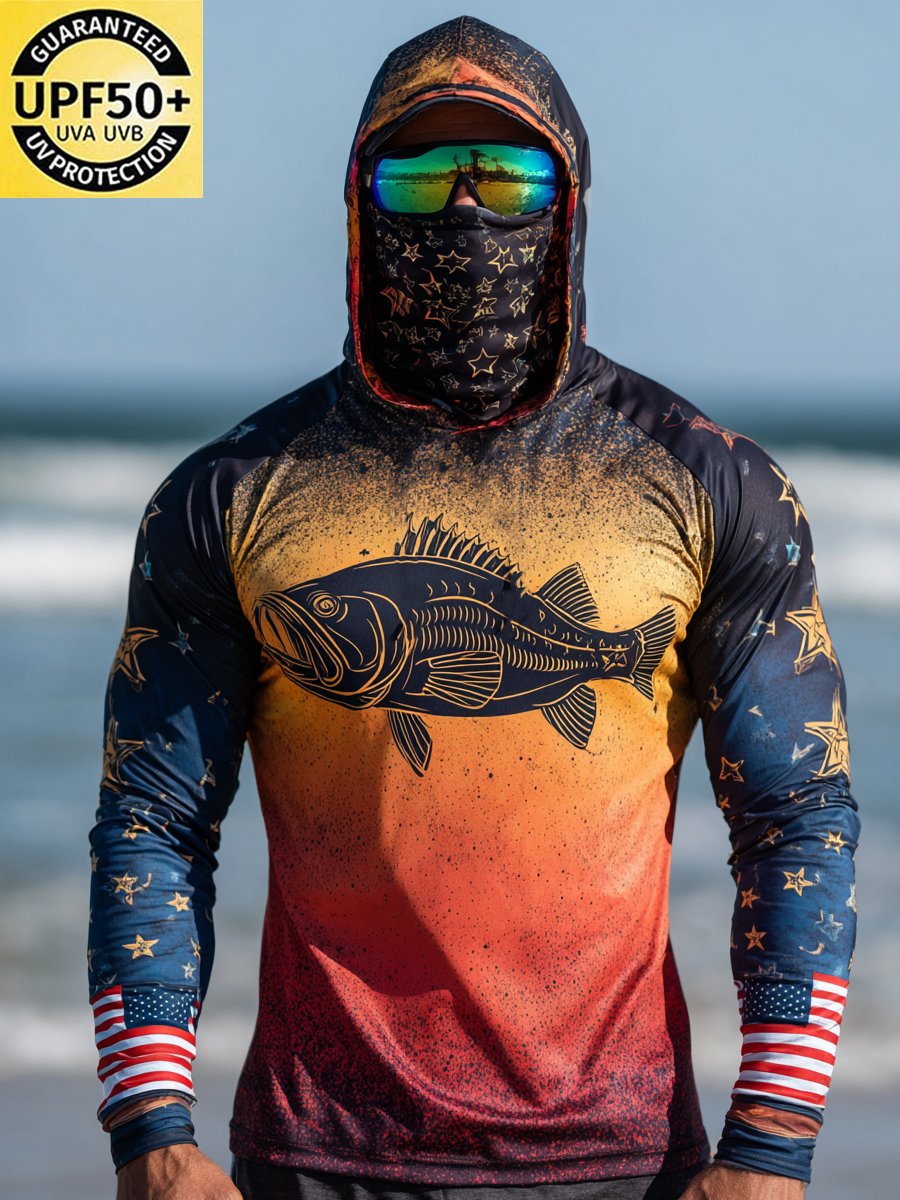 Men's Outdoor Sun Protection Breathable Cool Face Mask Hooded Printed Long-Sleeved Top-Limited Sale
