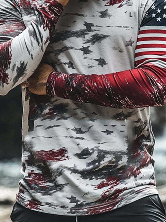 Men's Outdoor Sun Protection Breathable Cool Mask American Flag Print Hooded Sun Protection Long Sleeve Top-Limited Sale