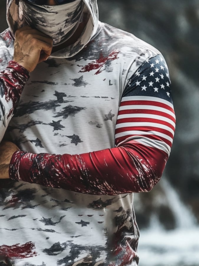 Men's Outdoor Sun Protection Breathable Cool Mask American Flag Print Hooded Sun Protection Long Sleeve Top-Limited Sale
