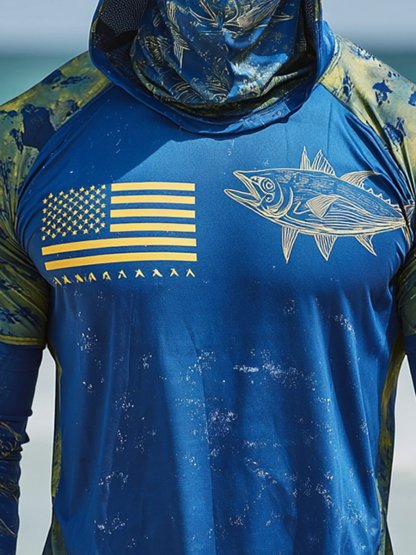 Men's Outdoor Sun Protection Breathable Cool Face Mask Hooded Printed Long-Sleeved Top-Limited Sale