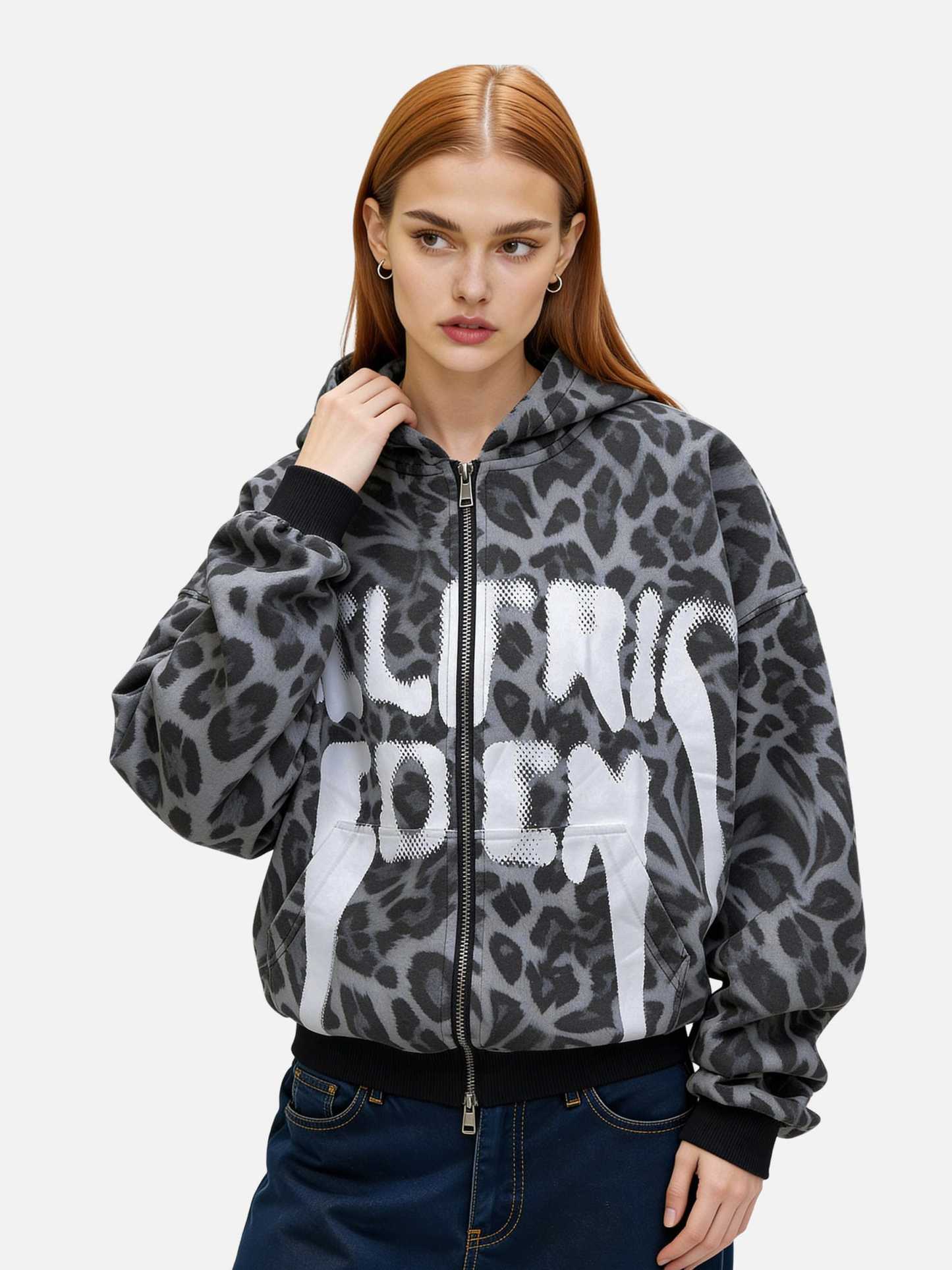 Aelfric Eden Leopard Graffiti Boxy Zip Up Hoodie-Limited Sale