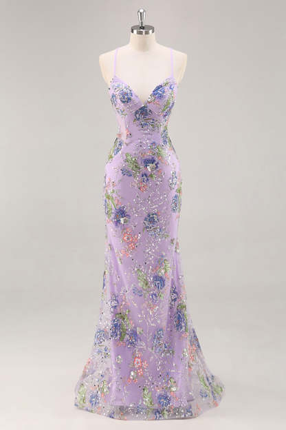Pink Mermaid Spaghetti Straps Sequins Long Prom Dress with Appliques