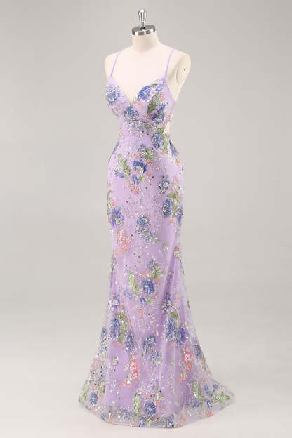 Pink Mermaid Spaghetti Straps Sequins Long Prom Dress with Appliques