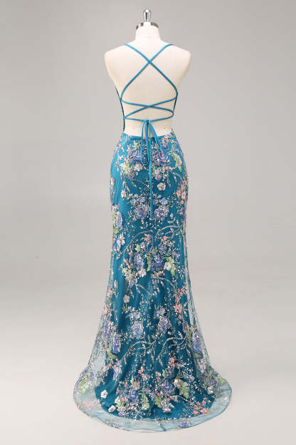 Pink Mermaid Spaghetti Straps Sequins Long Prom Dress with Appliques
