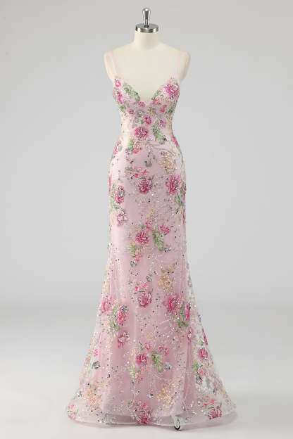 Pink Mermaid Spaghetti Straps Sequins Long Prom Dress with Appliques