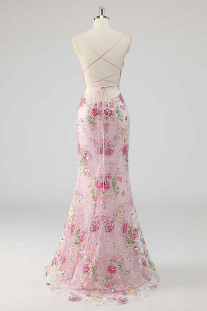 Pink Mermaid Spaghetti Straps Sequins Long Prom Dress with Appliques
