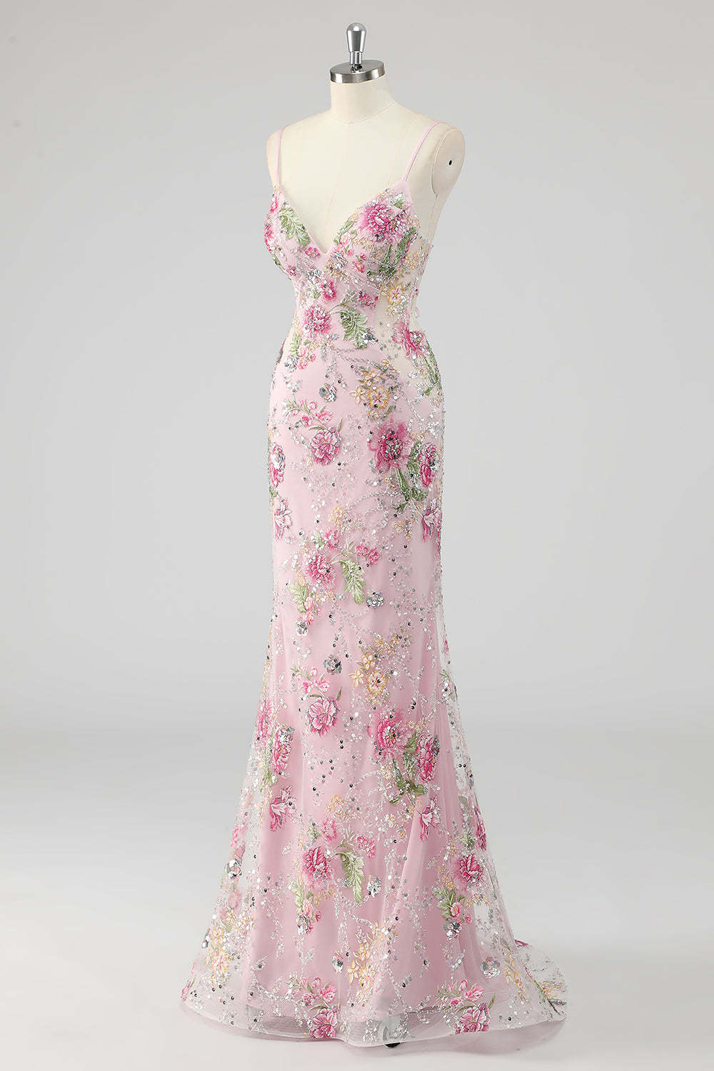 Pink Mermaid Spaghetti Straps Sequins Long Prom Dress with Appliques