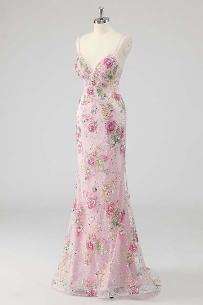 Pink Mermaid Spaghetti Straps Sequins Long Prom Dress with Appliques