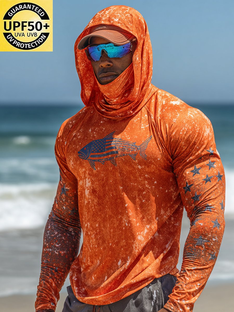 Men's Outdoor Sun Protection Breathable Cool Face Mask Hooded Printed Long-Sleeved Top-Limited Sale