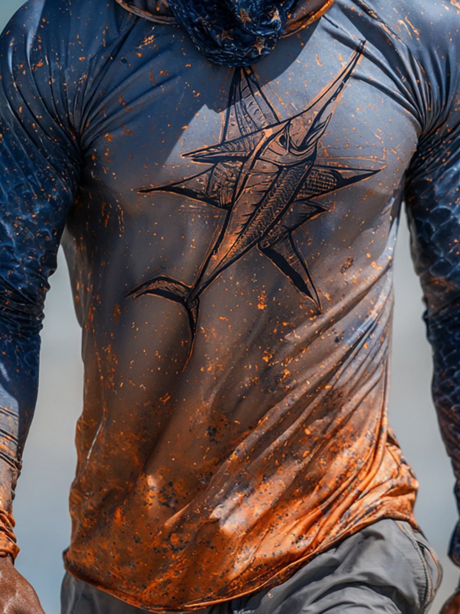 Men's Outdoor Sun Protection Breathable Cool Face Mask Hooded Printed Long-Sleeved Top-Limited Sale