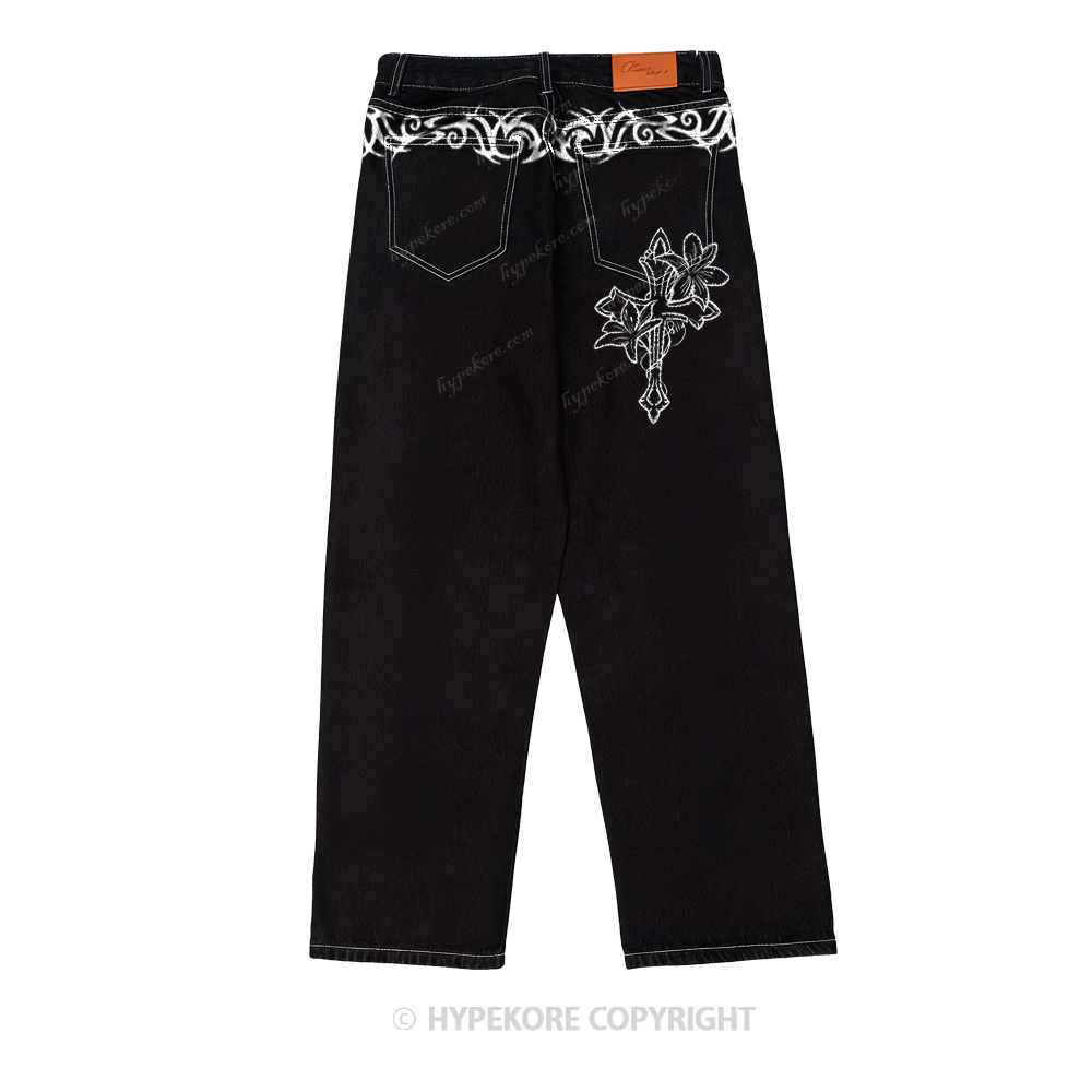 cross vintage print washed denim jeans-Limited Sale