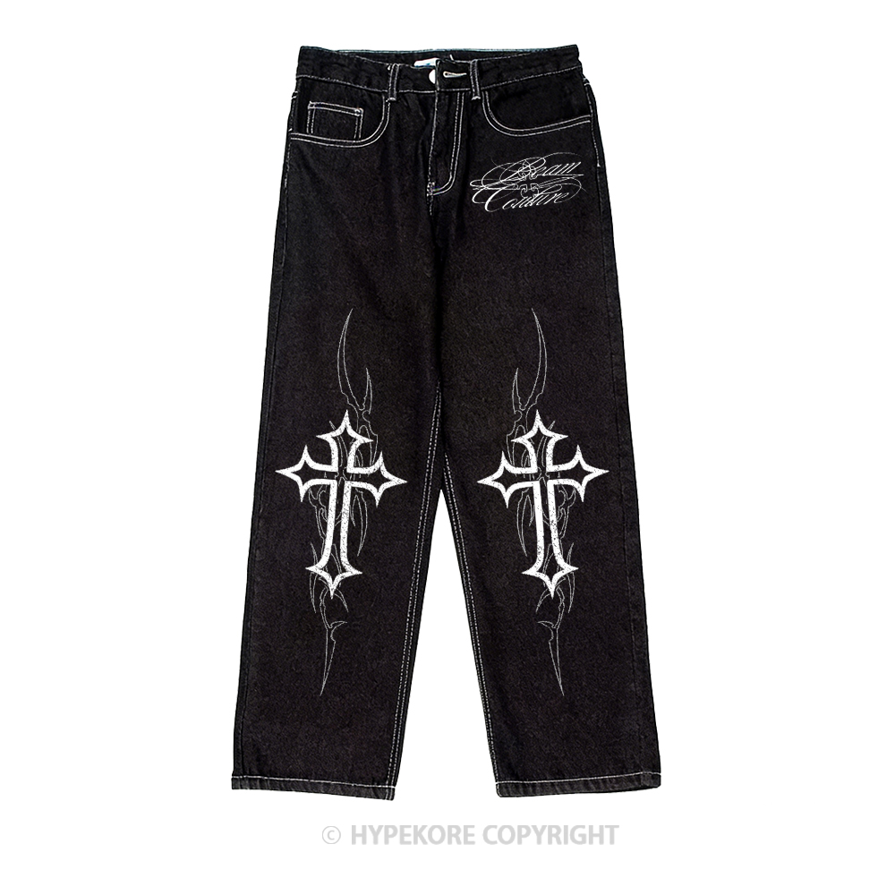 cross vintage print washed denim jeans-Limited Sale