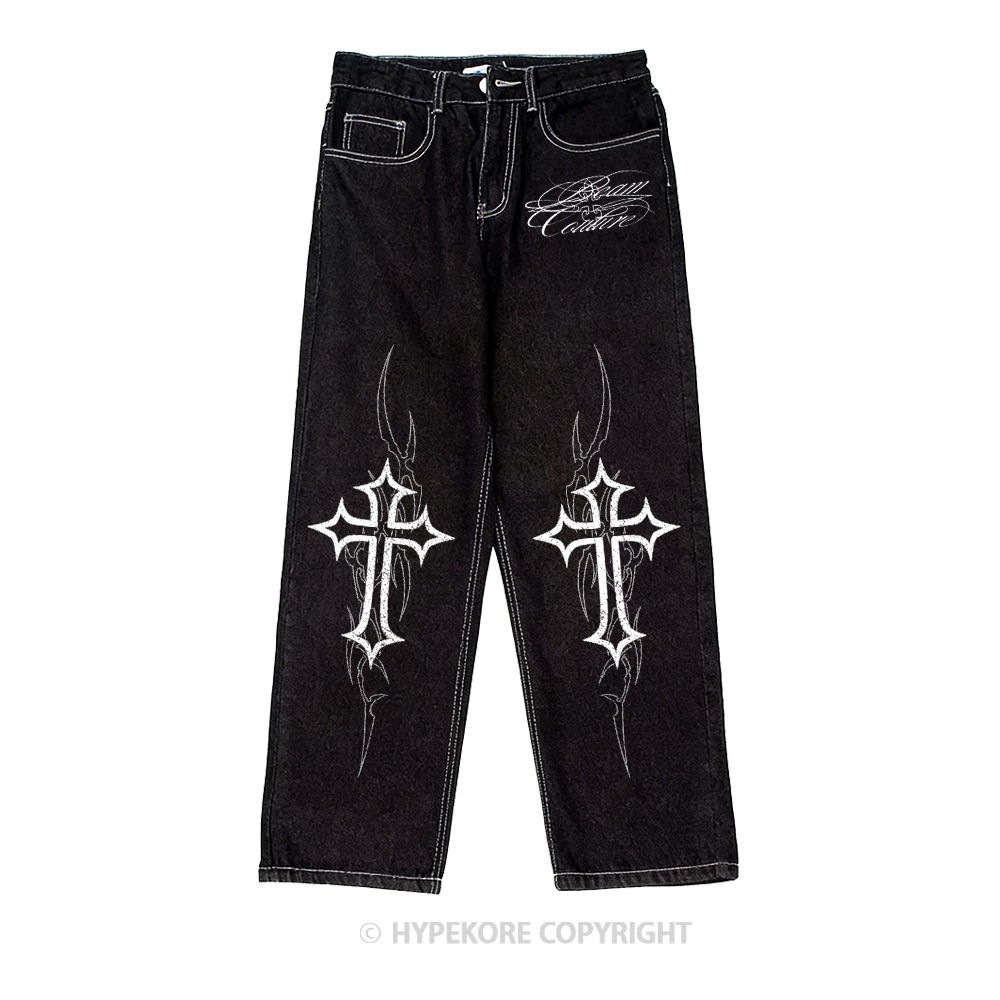 cross vintage print washed denim jeans-Limited Sale