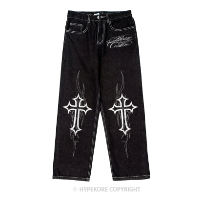 cross vintage print washed denim jeans-Limited Sale