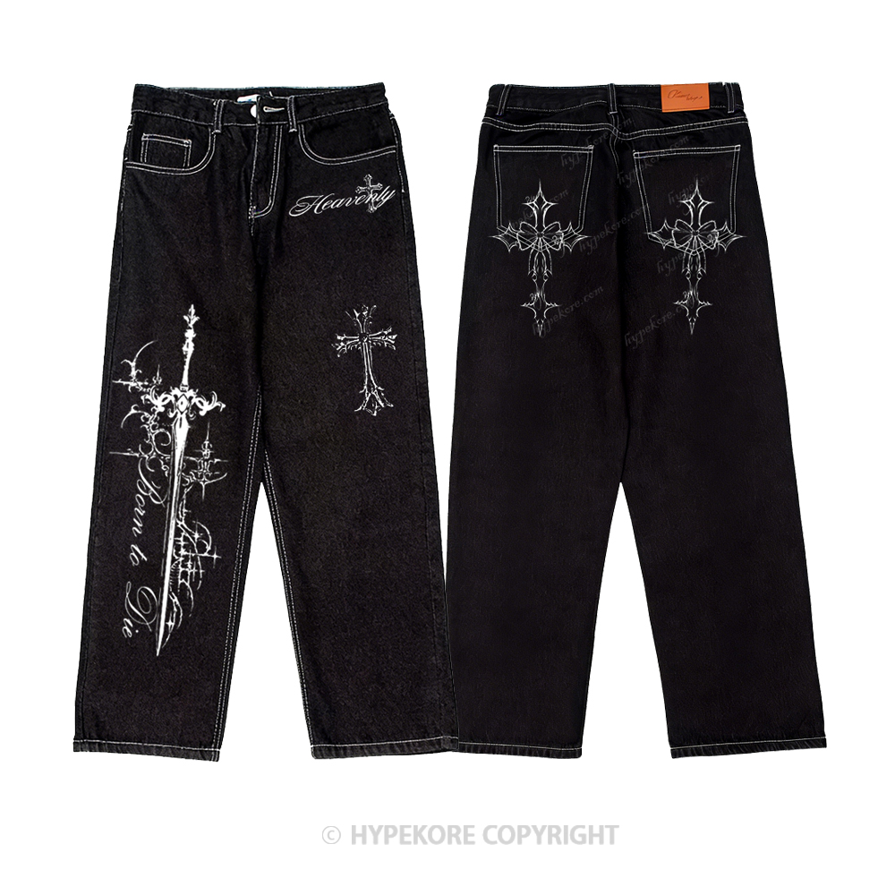 cross vintage print washed denim jeans-Limited Sale