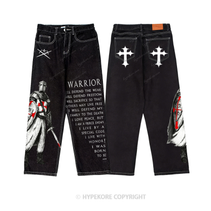 Retro equestrian print washed denim jeans-Limited Sale