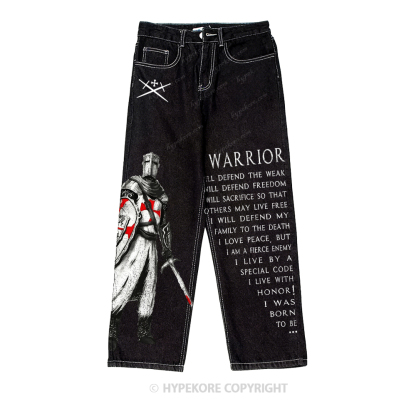 Retro equestrian print washed denim jeans-Limited Sale