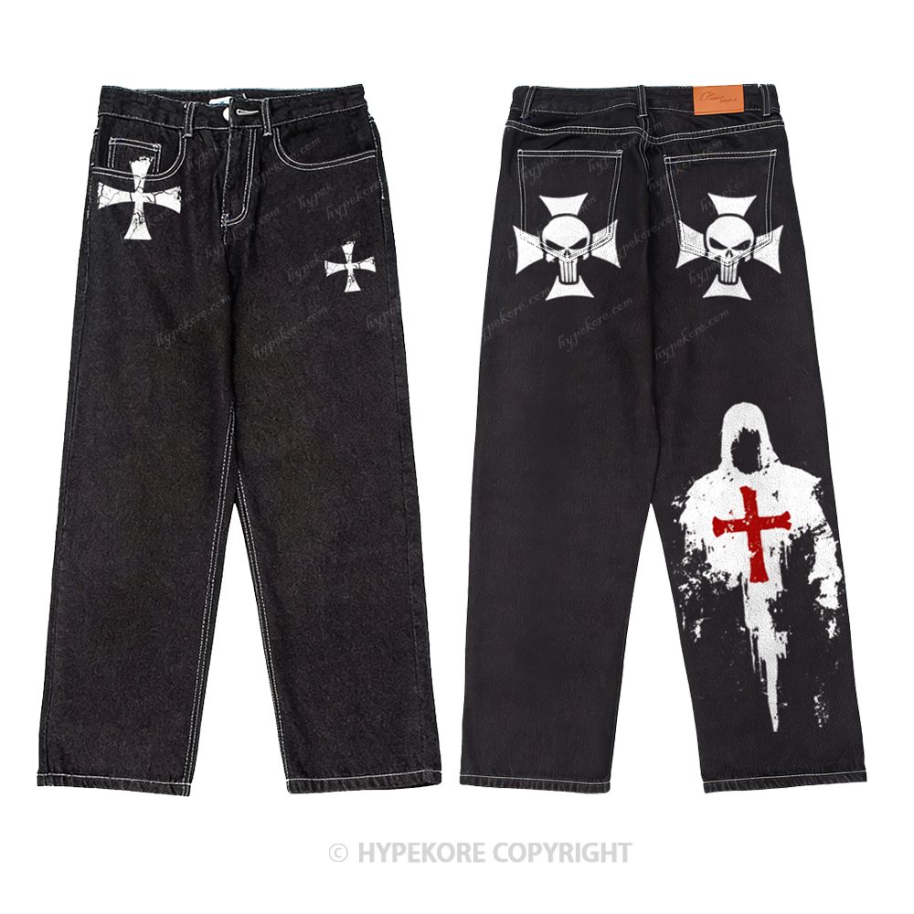 Retro equestrian print washed denim jeans-Limited Sale