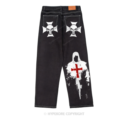 Retro equestrian print washed denim jeans-Limited Sale