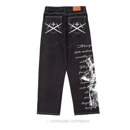 Retro equestrian print washed denim jeans-Limited Sale