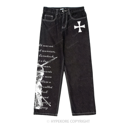 Retro equestrian print washed denim jeans-Limited Sale